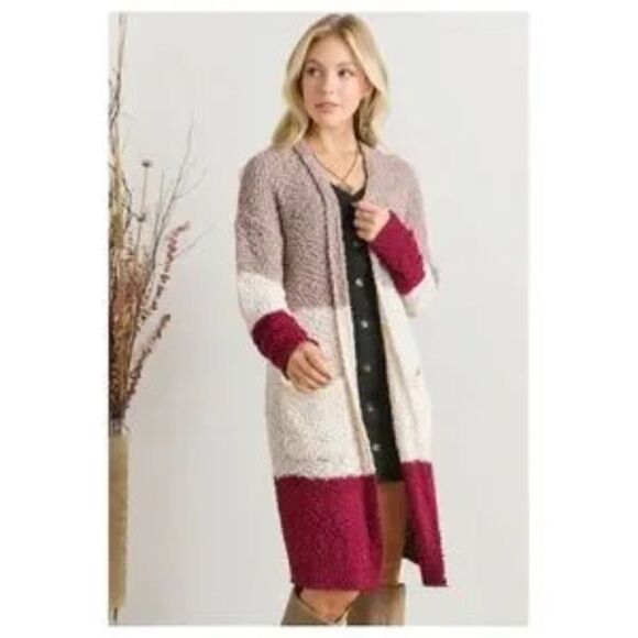 Cardigan Popcorn-Textured Color-Block Wine/Tan/Cream Medium-Large - Picture 3 of 5